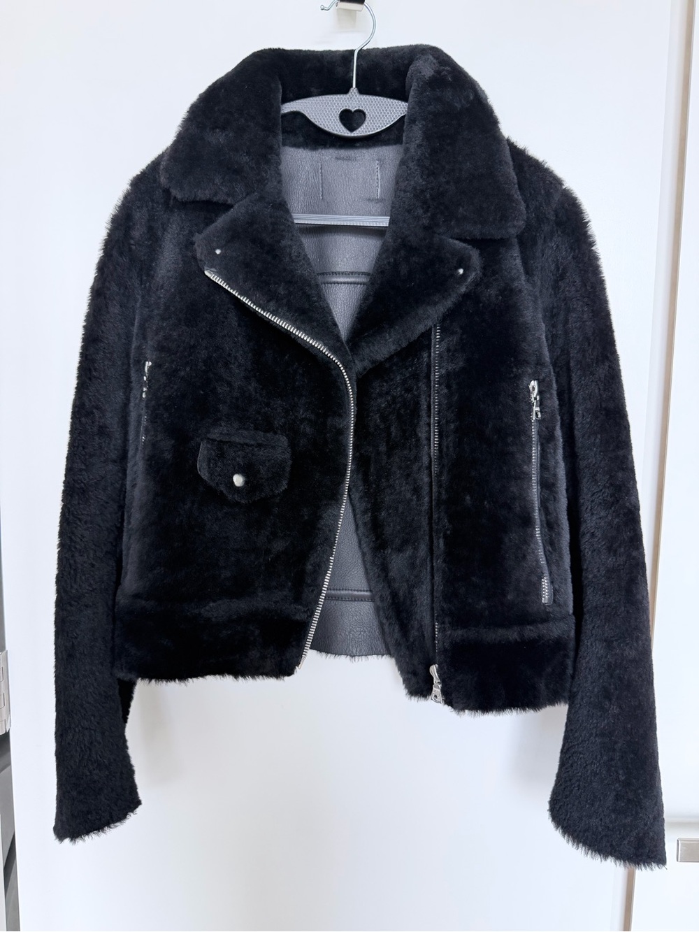 Sandro Paris Women’s Black Mouton Lambskin Fur Aviator Jacket Size 1 Small
